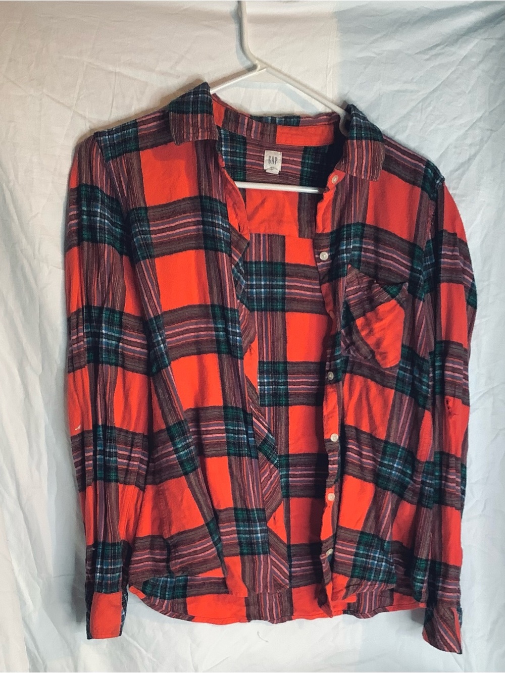 GAP Red and Green Plaid Button-Down Boyfriend Flannel Shirt